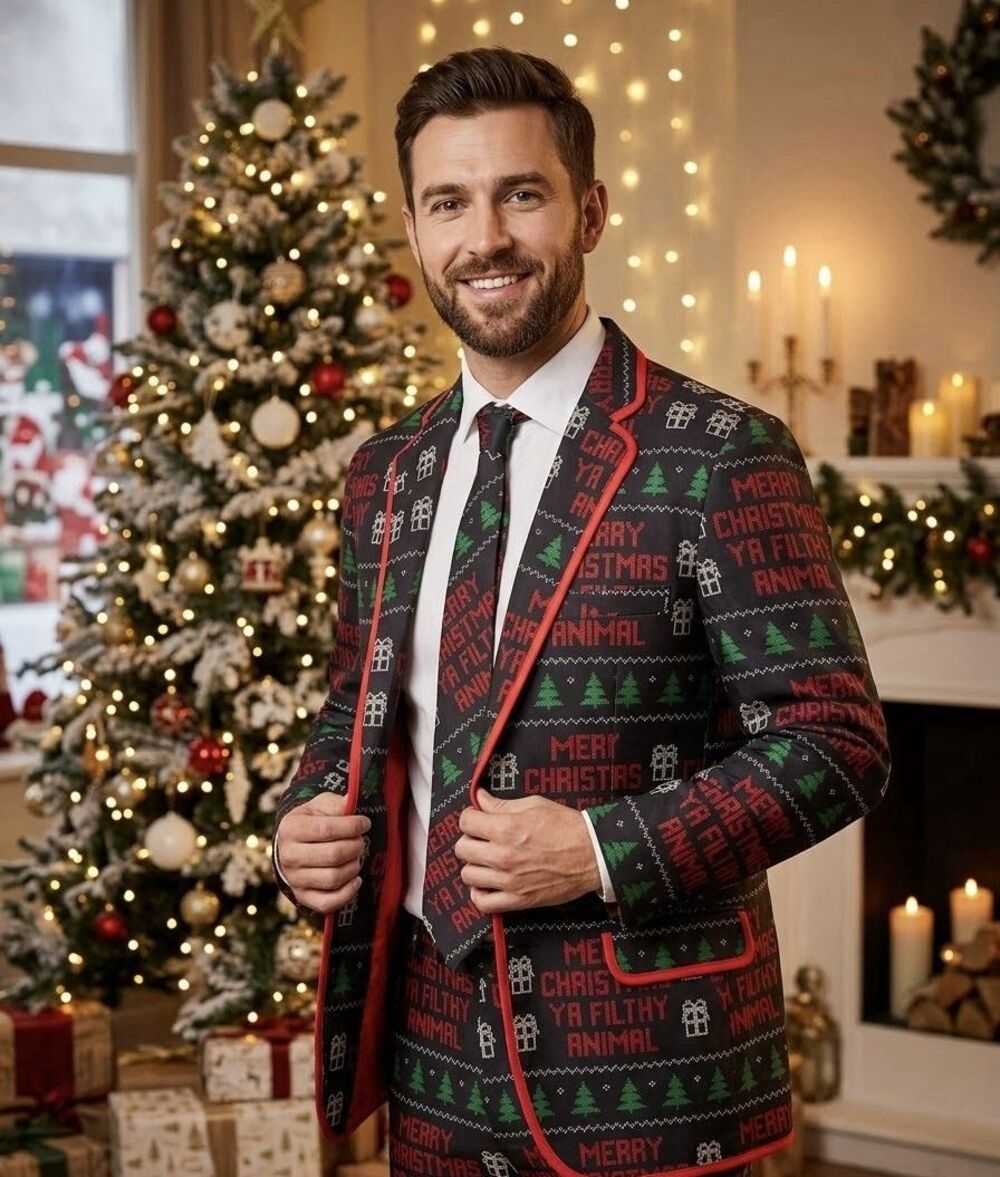 Mens Black Merry Christmas Filfthy Animal Holiday Blazer & Tie Size 2XL (50-52)